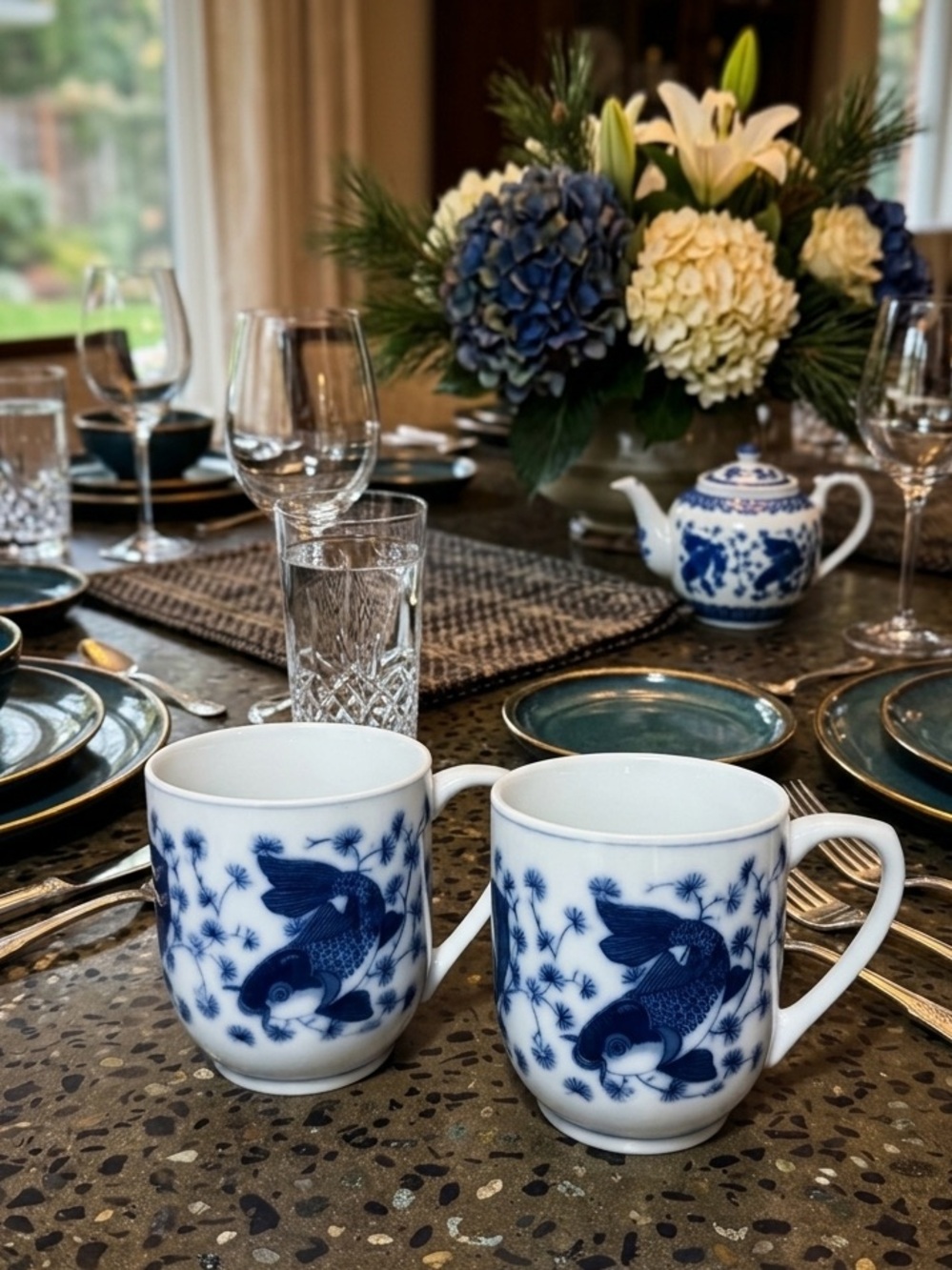 blue and white ceramic mugs featuring koi fish and aquatic plants Hand Painted